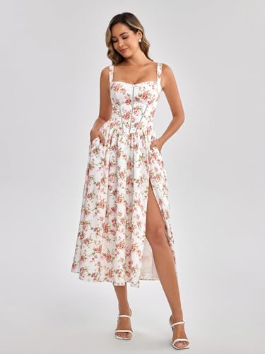 Image of KUTUMAI Floral Corset Midi Dress Flowy Slit Summer Spring Wedding Guest Dresses for Women Sundress with Pockets