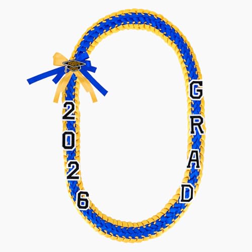 Karyllena Graduation Lei Class of 2026 - Blue and Gold Grad Lei Graduation Ribbon Leis with Pins, Grad Necklace Gifts for Women Men, Graduations Accessories for Students Bachelor Master or PhD Gown