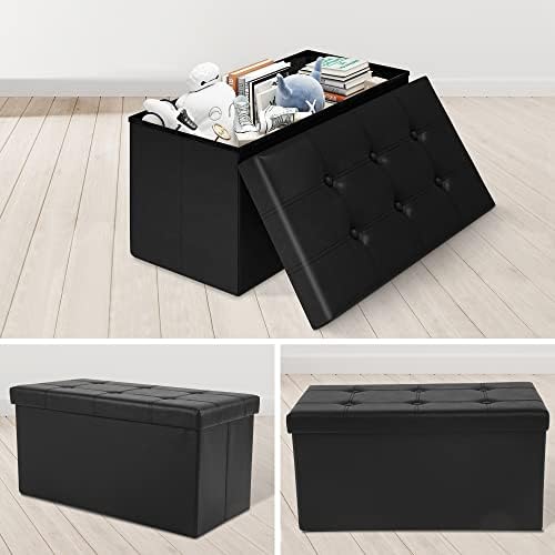 YITAHOME Faux Leather Storage Box Ottoman, Folding Toy Box Ottoman with Storage, 76X38X38cm Foot Rest Bench for Bedroom, Hallway, Living Room, Campervan,Black