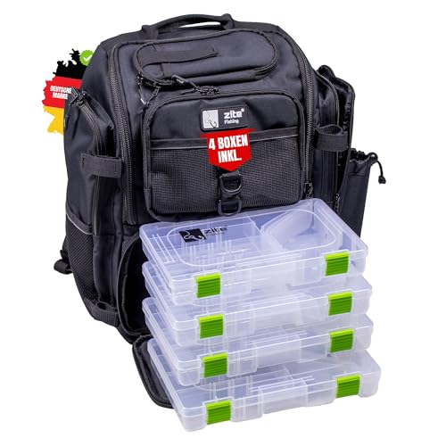 Zite Fishing Angelrucksack mit Boxen & Rutenhalter – Große Angeltasche mit Boxen (4...