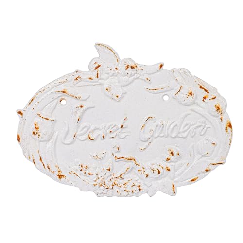 Sungmor Vintage Cast Iron “Secret Garden” Sign - Shabby Chic White Wall Plaque, Outdoor Garden Decorative Sign, French Country Cottage Wall Décor for Fence, Gate, or Patio, Distressed Rustic Finish