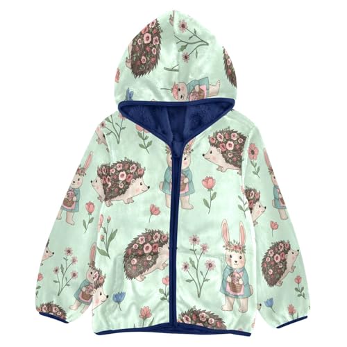 Cute Hedgehog and Rabbit Floral Toddler Fleece Jacket Girl Boys Hooded Fleece Jacket Coat Warm Outwear Zip-up 3-10T