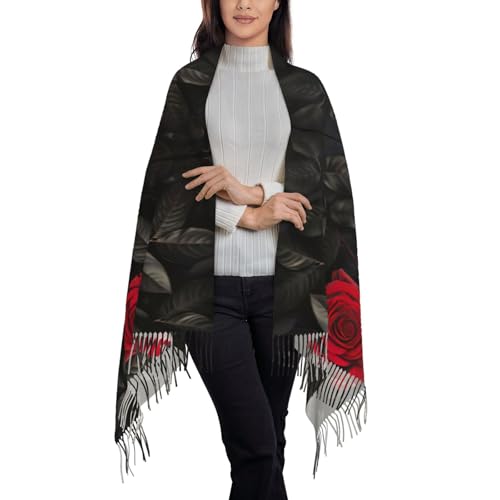Red Rose And Black Leaves Print Women'S Super Soft Classic Winter Fringed Scarf For Spring Fall Winter Warm Scarve3