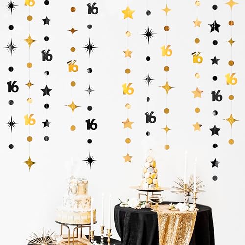Image of Black Gold 16th Birthday Decorations Number 16 Circle Dot Twinkle Star Garland Streamer Banner Backdrop for Girls Boys Happy 16th Birthday Sweet Sixteen Anniversary Cheers to 16 Years Party Decor