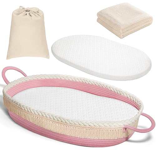 Image of HARPPA Baby Changing Basket, Moses Basket with Waterproof Pad and Blanket, Portable and Washable Woven Basket for Dresser and Diaper Changing Baby Nursery(pink)