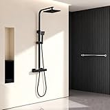 STANEW Columna de Ducha Termostática con Ducha de Techo Cuadrado de 20 cm, Sistema de Ducha Termostático 38 °C, Columna de Cucha Negra Ajustable Altura Entre (Termostática)