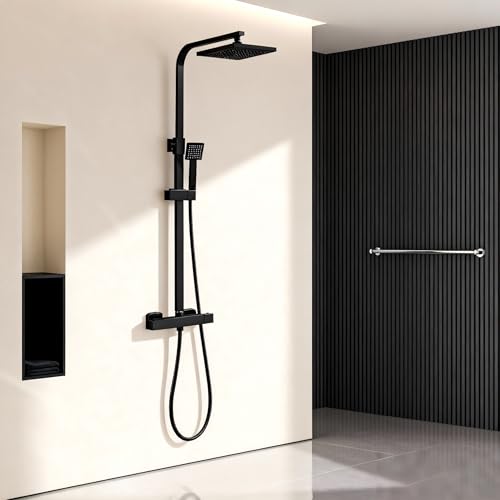 Colonne de Douche Thermostatique STANEW, Système de Douche Thermostatique 38°C,Acier Inoxydable, Douchette Flexible, Réglable en Hauteur, Noir (Thermostatique)
