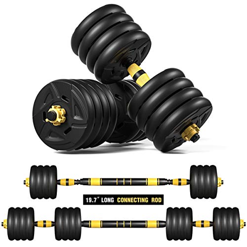 ER KANG Adjustable Fitness Dumbbells Set, 88lbs Free Weights Dumbbells with 19.7 Connecting Rod Used As Barbell for Home Gym, Workout, Whole Body Training, 2 Pieces/Set, Ship from The US
