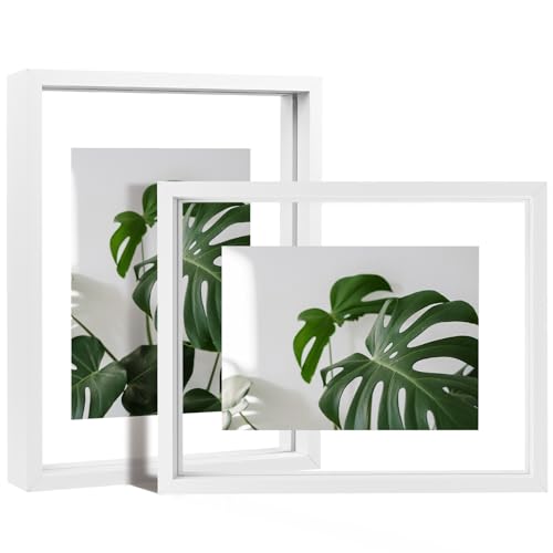 Egofine 8x10 Floating Frames Set of 2, Double Plexiglass Picture Frame, Made of Solid Wood Display Any Size Photo up to 8x10, Wall Mount or Tabletop Standing, White