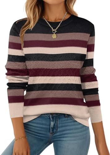 Zeagoo Pullover für Damen Herbst Strickpullover Colorblock Langarm Pulli | Pullover Damen Winter, Bienenwabe Sweater, Gerippt Rundhals, Colorblock Gestreift, Einfarbig Strickpulli,