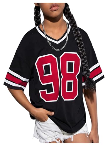 Verdusa Girl's Letter Print Loose T Shirt V Neck Half Sleeve Tee Tops