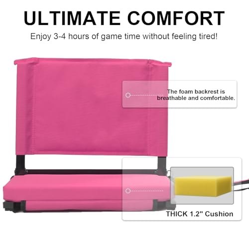 Image of Stadium Seats with Back Support for Bleachers, Folding Bleacher Seat Bleacher Chairs with Back and Cushion, Padded Stadium Chair with Shoulder Strap, Large Mesh Pocket & Carry Handle, Pink
