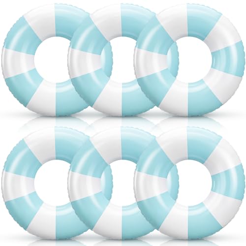 Foilswirl 47.24 Inch Jumbo Inflatable Pool Floats for Adult White Striped Pool Inner Rings Swimming Inflatable Floaties Tube Women Summer Beach Bachelorette Wedding Decor(Macaron Blue and White,6 Pcs)