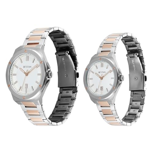Image of Titan Modern Bandhan Pair Analog with White Dial Dual Tone Rose Gold Stainless Steel Strap Watch for Couples - 9401694216KM01