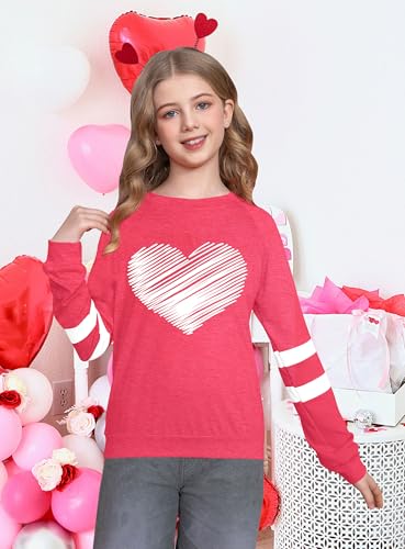 Image of LAZYCHILD Kids Valentine Shirt Girls Valentines Day Shirts Heart Graphic Long Sleeve Striped Tee Tops 5-14 Years