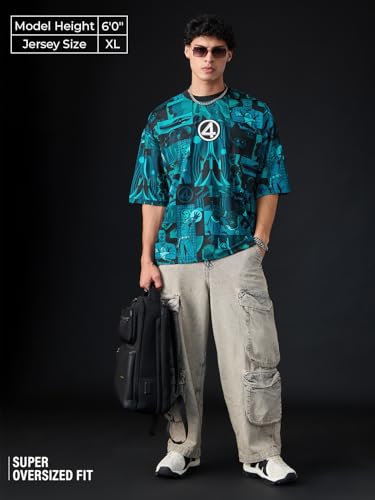 Image of The Souled Store Marvel: Team-Up Men and Boys Short Sleeves Round Neck Blue Graphic Printed Polyester Oversized Jersey