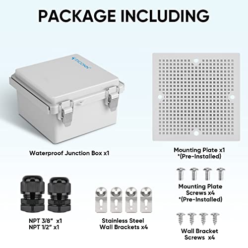Image of TICONN Waterproof Electrical Junction Box IP67 ABS Plastic Enclosure with Hinged Cover with Mounting Plate, Wall Brackets, Cable Glands (Off-White, 5.9 inchx5.9 inchx3.5 inch)
