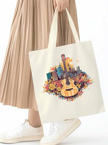 Retro American Style City Floral Guitar Canvas Tote Bag, Aesthetic Canvas Tote Handbags for Women Shoulder Bag2