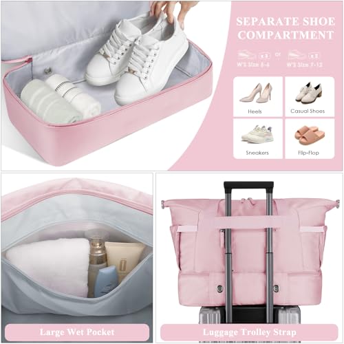 Image of Gym Bag for Women, Travel Duffel Bag with Shoes Compartment, Weekender Bag, Pink, Large