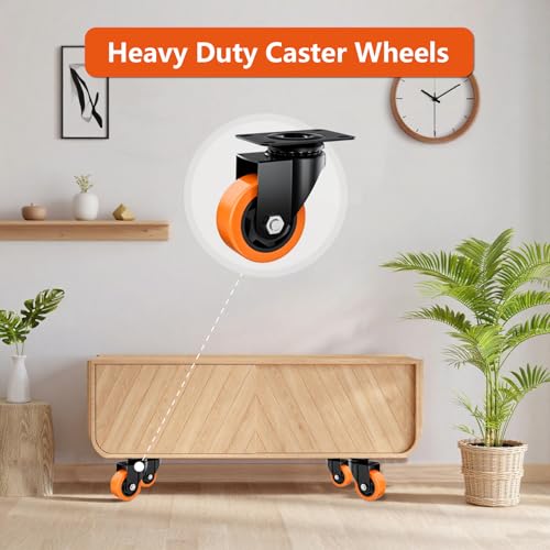 Image of 5 Inch Caster Wheels, Casters Set of 8 Heavy Duty, Orange Polyurethane (PU) Casters, Industrial Swivel Top Plate Castor Wheels for Workbench /Furniture /Cart (Pack of 8)