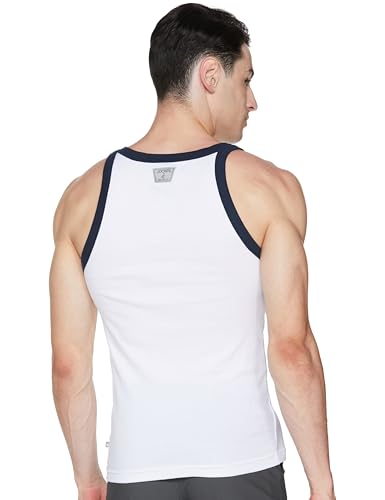 Image of Jockey US27 Men's Super Combed Cotton Rib Square Neck Gym Vest (Shoulder Strap Color May Vary) White & Navy M