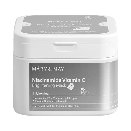 Mary&May Masque Éclaircissant à la Niacinamide et à la Vitamine C | 30 Feuilles | Masque Visage Coréen Quotidien | Hydrate, Améliore l Masque Hydratant et Raffermissant