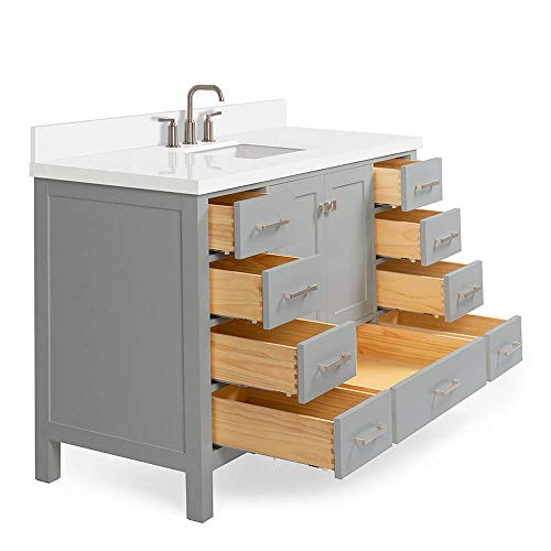 Ariel 55" Inch Grey Bathroom Vanity W/ 1.5" Edge Pure White Quartz Countertop & Backsplash | Single Rectangular Sink | 2 Soft Closing Doors & 9 Full Extension Dovetail Drawers | Satin Nickel Pulls #TOP5