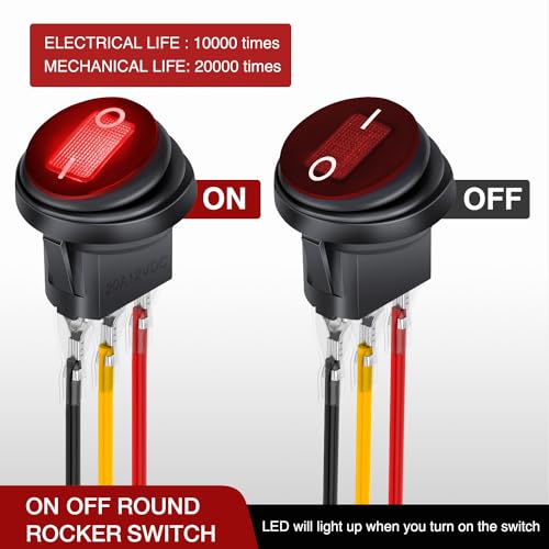 Image of Nilight 5Pcs Round Rocker Toggle Red LED Switch with Locked Terminal Wires