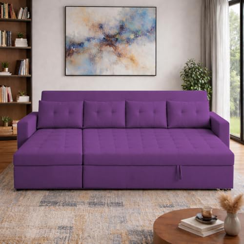 Image of Emilio 6 Seater LHS L - Shape Pull-Out Sofa Cum Bed Sofa for Living Room (Purple Fabric Color) Premium Fabric Sofa Set for Living Room Sofa Cum Bed
