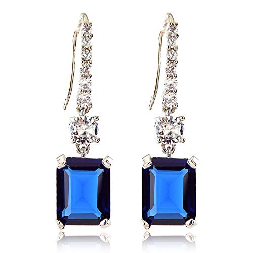 [RIZILIA CLASSIC] Dangle Drop Pierced Swan Hook Earrings with Emerald Cut Gemstones CZ [Blue Sapphire] in 18K White Gold Plated, Simple Modern Elegant