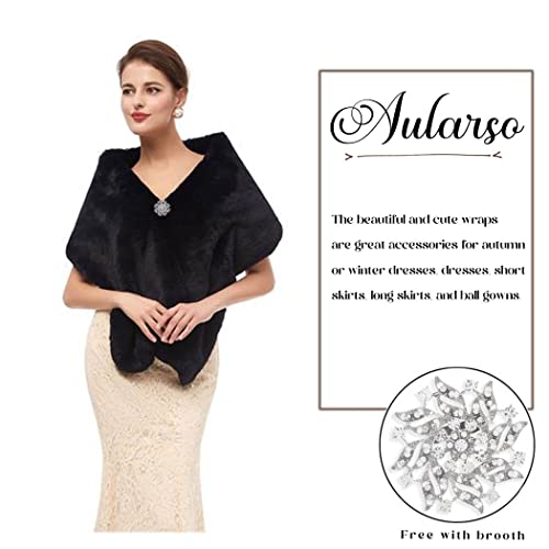 Wedding Faux Fur Wraps Shawls Bridal Winter Cape Fur Party Shrug Stole Free Brooch for Bride and Bridesmaids (Black)4