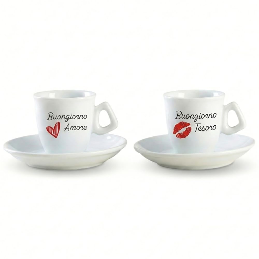 BrandPrint Set 2 Tazzine Caffè con Piattino - Serigrafia Artigianale BUONGIORNO AMORE, BUONGIORNO TESORO in Box Elegante - 100% Made in Italy - Regalo Coppia San Valentino, Anniversario, Matrimonio
