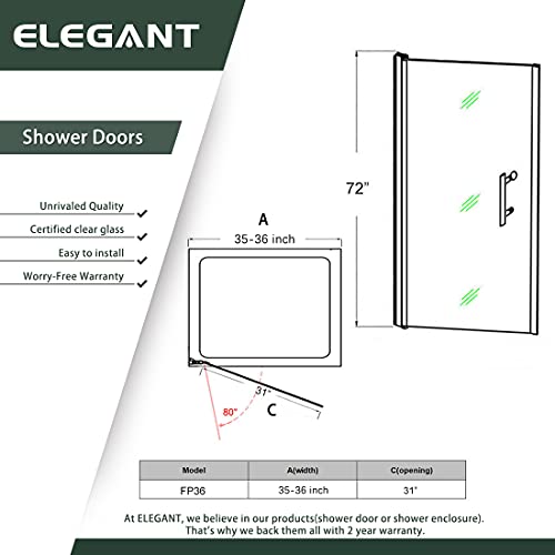Elegant Pivot Hinged Frameless Shower Door, 1/4" Fold Clear Glass Shower Panel Pivot Swing Corner Shower Door, Chrome Finish (Pivot Door, 36'' X 72'') #TOP5