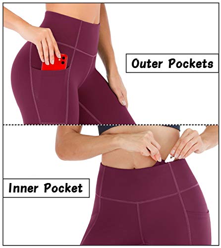Heathyoga Leggings with Pockets for Women Tummy Control High Waisted Yoga Pants Women Compression Workout Leggings Wine