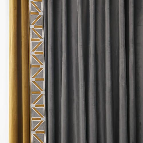 VisionaryHomeDesign Velvet Curtains with Gold Accent & Geometric Trim, Elegant for Living Spaces(Gray Gold, 50" W x 108" L (Pack of 2))