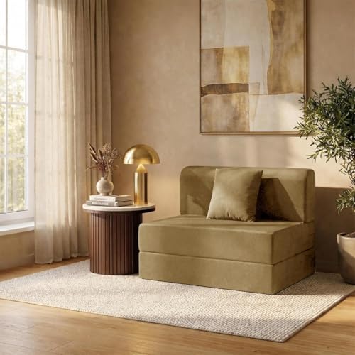 Image of Rosebell One Seater Foldable Sofa Cum Bed (3x6 Feet) Jute Fabric, Washable Removable Cover, | Space Saving Convertible Sofa Bed for Home, Office & Guests - Golden