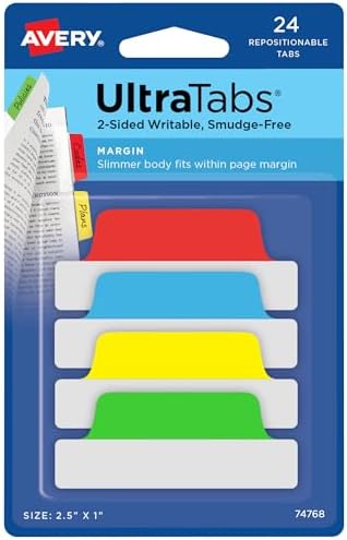 Avery Margin Ultra Tabs, 2.5" x 1", 24 Repositionable Tabs, Two-Side Writable, Red/Yellow/Green (74768)
