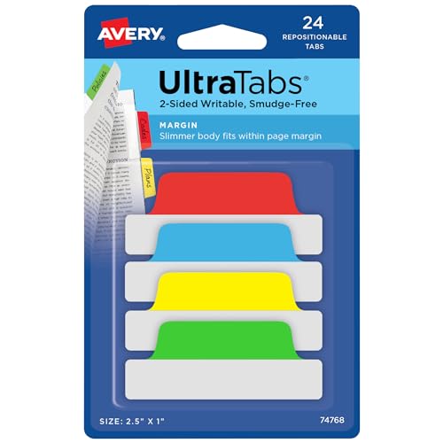 Image of Avery Margin Ultra Tabs, 2.5 inch x 1 inch, Repositionable, 24 Tabs | For Bookmarking Pages in Notebooks and Bibles, See-Through Clear Body, 2-Side Writable, Smudge-Resistant, For Planners