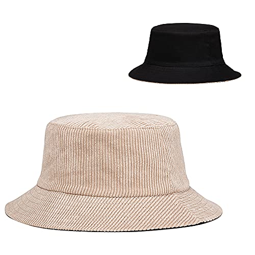Belsen Corduroy Reversible Bucket Hat Unisex Cotton Twill Canvas Sun Fishing Hat (Beige(Reversible-Black)) #TOP1