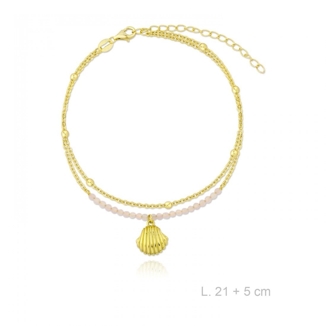 Tobillera en Plata de Ley 925m con 21cm. doble cadena con piedras rosas y concha colgante