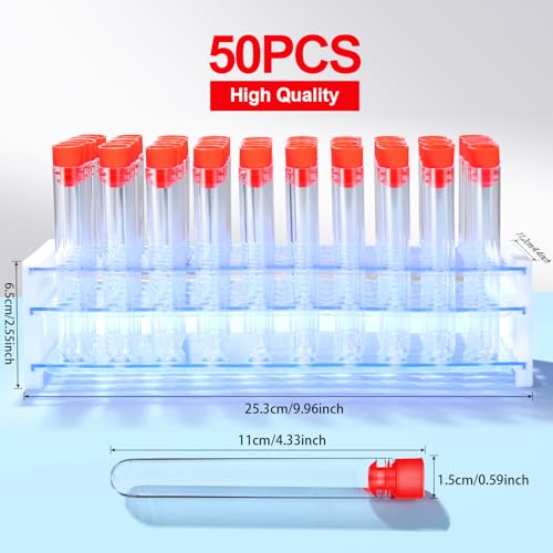 YGDZ Test Tubes with Rack, 50pcs 16x100mm Clear Plastic Test Tubes with Caps and Holder Rack for Nurse Party Decorations Halloween Party Favors