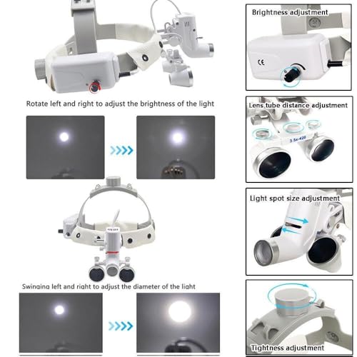 Lupas dentales LED con Faro, Aumento de 2.5X y 3.5X, Lupa Binocular Recargable para Laboratorio quirúrgico, Diadema ergonómica, Enfoque Ajustable.