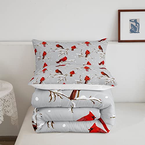 Feelyou Bird Comforter Set Red Birds Snowflakes Bedding Set Winter Landscape Cardinals Comforter For Boys Girls Child Kids Retro Bedroom Decor Tree Branches Duvet Set Twin Size With 1 Pillow Case #TOP4