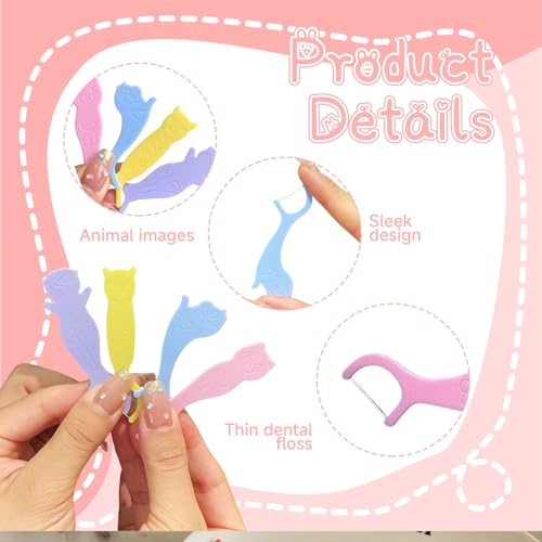 THXFUNAREA Zahnseide Kinder Dental Floss für engen Zahnzwischenräume Zahnseide Sticks mit 4 bunte Griffe in Form von Tier Fluorfrei, wachsfrei, rutschhemmend(2X40Stk) – Bild 4