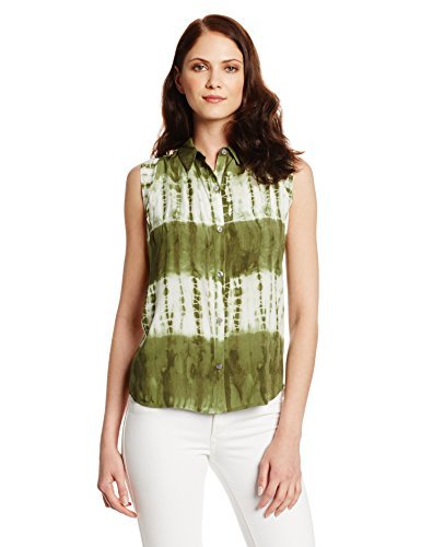 Chaus Sport Women's Sl One Pkt Waterfall Tie Dye Button Up, Dark Sage, Medium