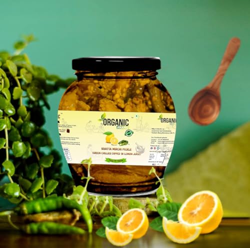 Image of Organic Anand Homemade Natural Green Chilli Pickle 350 Gram Hari Mirchi Ka Achar Dipped in Lemon Juice Khatta Spicy No preservative