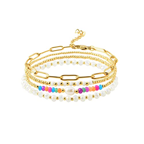 Bracelet trombone plaqué or 14k et perles de cristal élégant pour femme