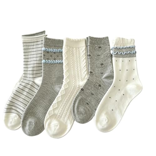 Image of 5 Pair Cute White Ruffle Ankle Socks - Women's Cottagecore Floral Crew Socks in Japanese Aesthetic Cotton