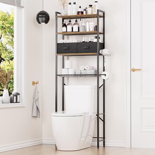 QOOIE Over The Toilet Storage with Adjustable Wooden Shelves and 2 Fabric Drawers, 4-Tier Over Toilet Bathroom Organizer, Small Freestanding Storage Shelf for Toilet Paper, Towels, Toiletries