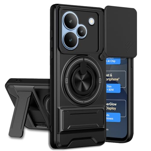 Image of Realme P4 5G Back Cover | Armor Camera Slider 360 Degree Rotating Finger Ring Holder Case with Bracket Stand Back Case Cover (Compatible with MagSafe Accessories) (Black)